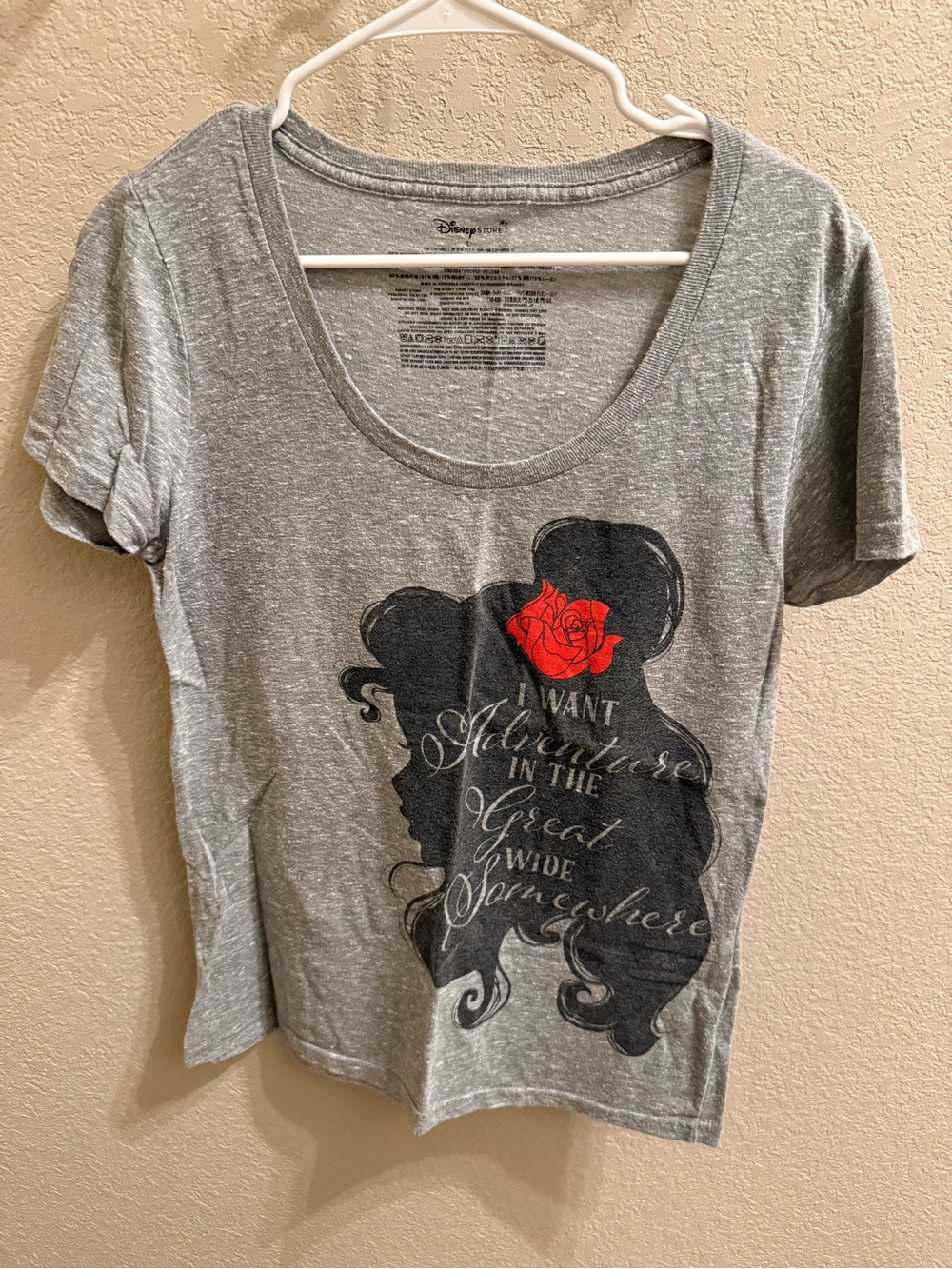 Disney Light Gray Scoop Neck Tee with Belle Silhouette and Red Rose